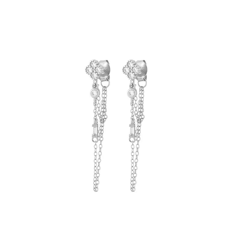 Flower Drop Chain Earrings Silver