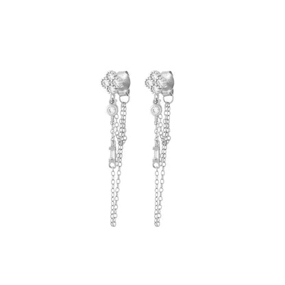 Flower Drop Chain Earrings Silver