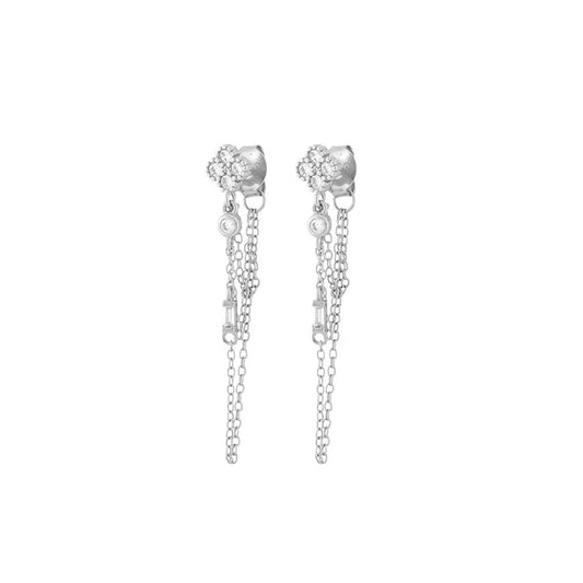 Flower Drop Chain Earrings Silver
